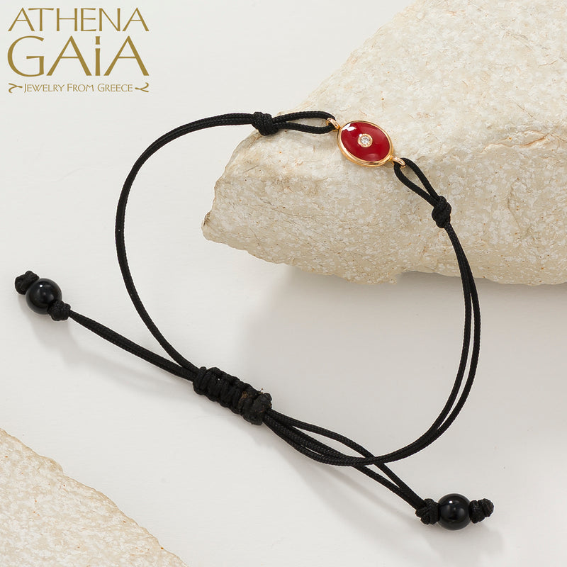 Oval Enamel Evil Eye - Adjustable Cord with Diamond Bracelet - 18k Gold - Evil Eye Bracelet