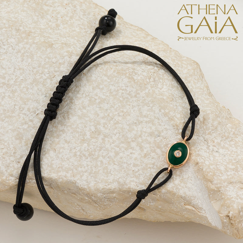 Oval Enamel Evil Eye - Adjustable Cord with Diamond Bracelet - 18k Gold - Evil Eye Bracelet