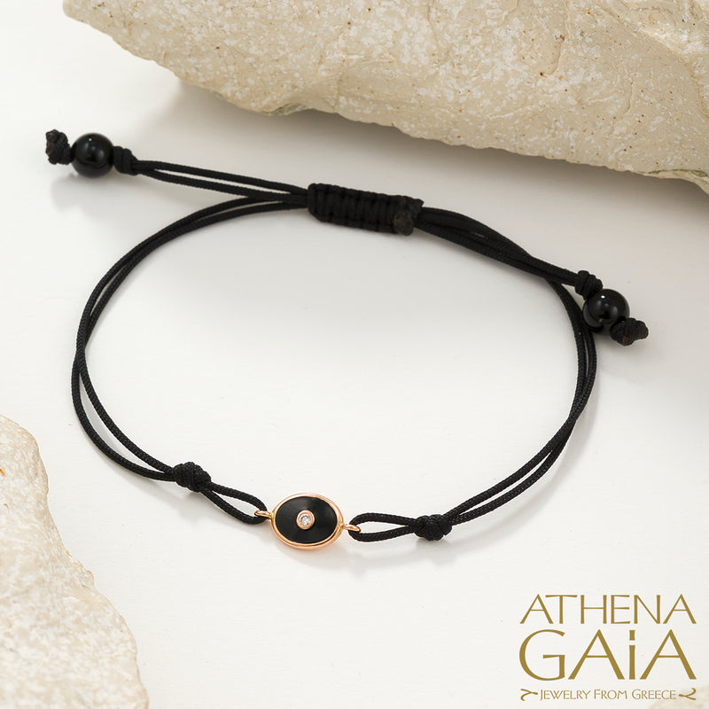 Oval Enamel Evil Eye - Adjustable Cord with Diamond Bracelet - 18k Gold - Evil Eye Bracelet