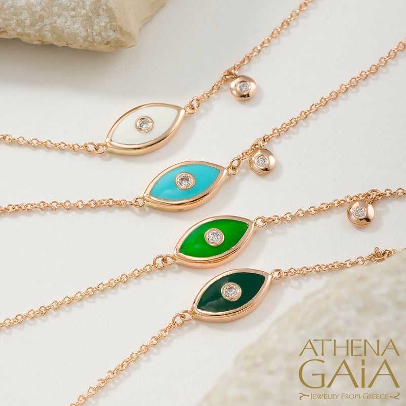 Prolate Enamel Evil Eye with Diamond Bracelet - 14k Gold - Evil Eye Bracelet
