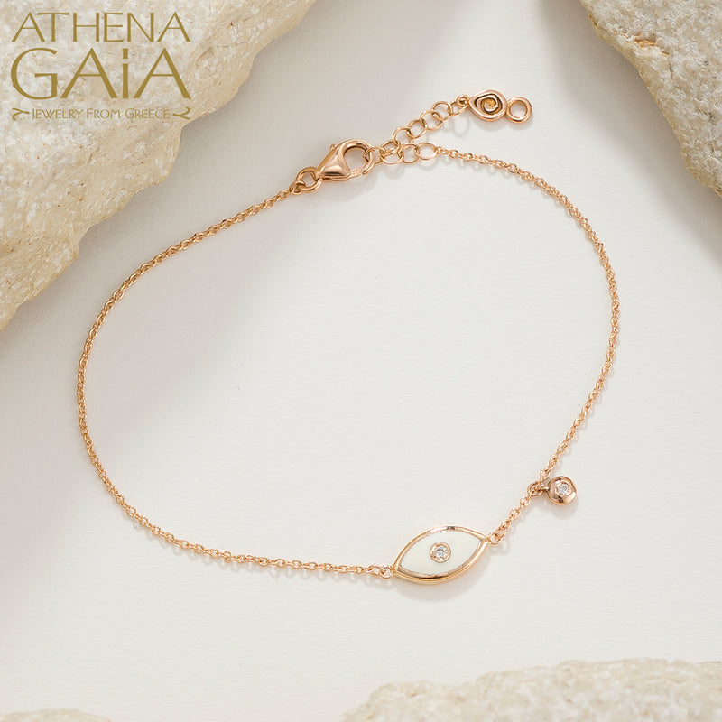 Prolate Enamel Evil Eye with Diamond Bracelet - 14k Gold - Evil Eye Bracelet