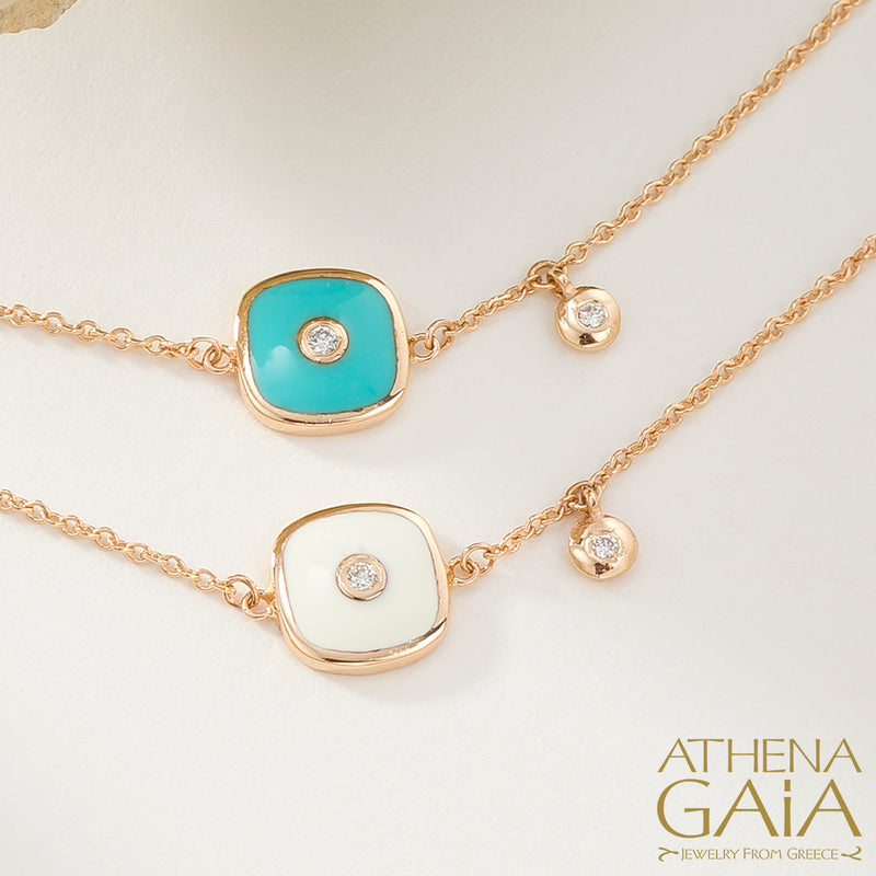 Square Enamel Evil Eye with Diamond Bracelet- 14k Gold - Evil Eye Bracelet