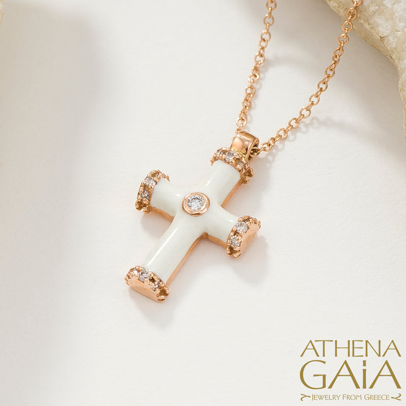 Enamel Diamond Station Cross Necklace - 14k Gold - Latin Cross