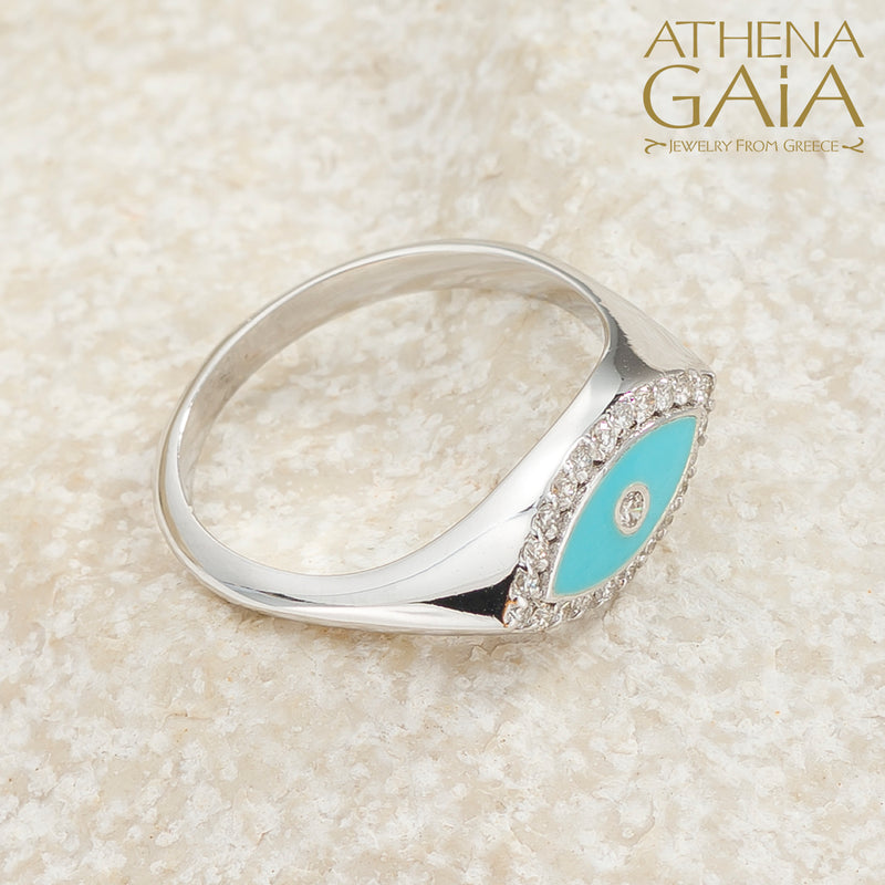 Diamond Border Enamel Evil Eye Ring - 14k Gold Ring - Signet Ring