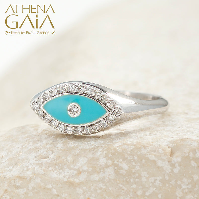 Diamond Border Enamel Evil Eye Ring - 14k Gold Ring - Signet Ring