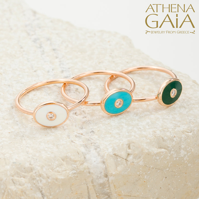 Oval Enamel With Diamond Evil Eye Ring - 14k Gold Ring