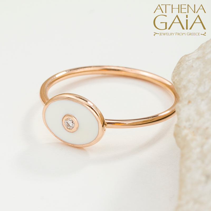 Oval Enamel With Diamond Evil Eye Ring - 14k Gold Ring