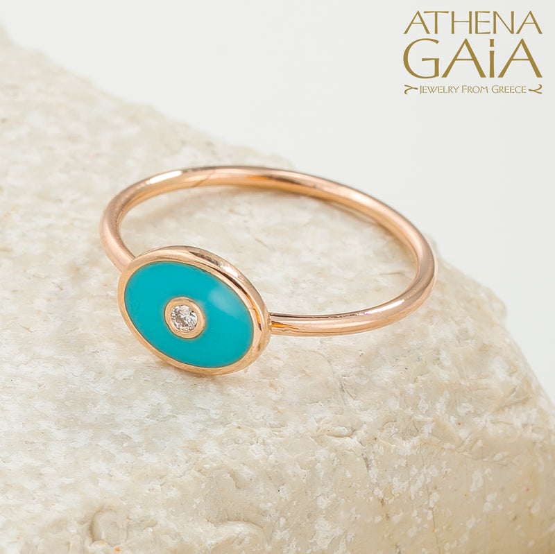 Oval Enamel With Diamond Evil Eye Ring - 14k Gold Ring