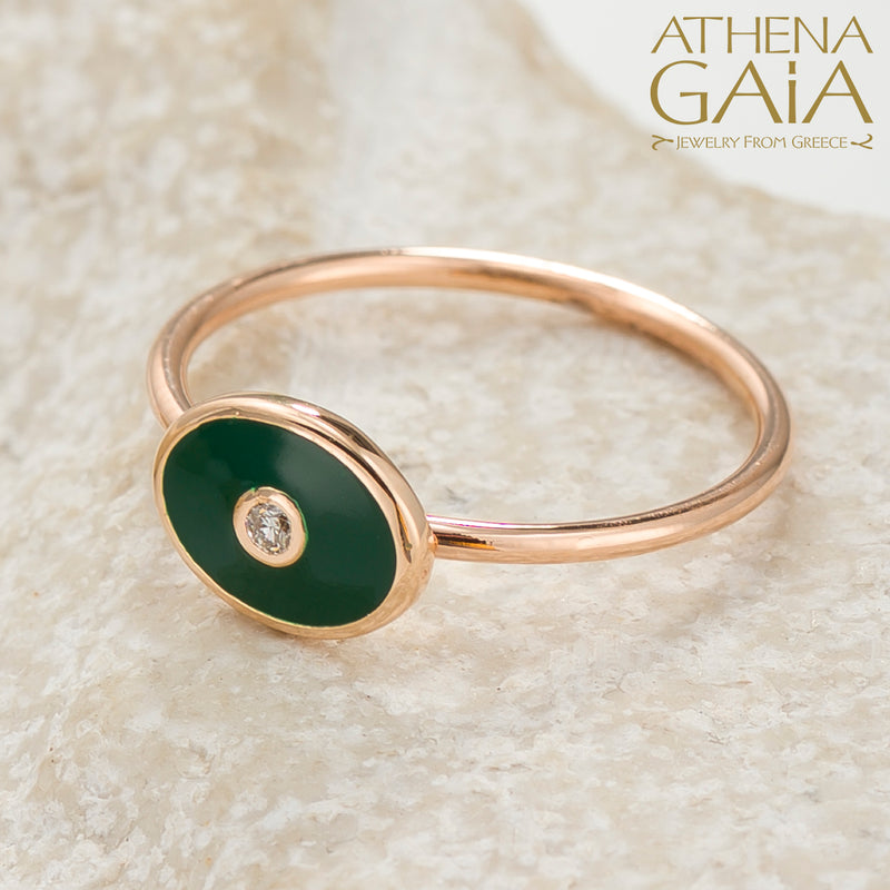 Oval Enamel With Diamond Evil Eye Ring - 14k Gold Ring
