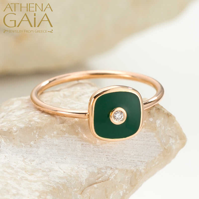 Square Enamel With Diamond Evil Eye Ring - 14k Gold Ring