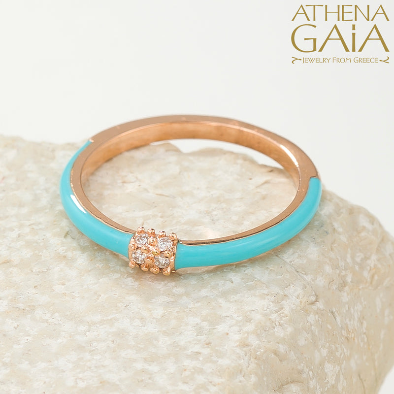 Diamond Cluster Enamel Ring - 18k Gold Ring - Stackable Ring