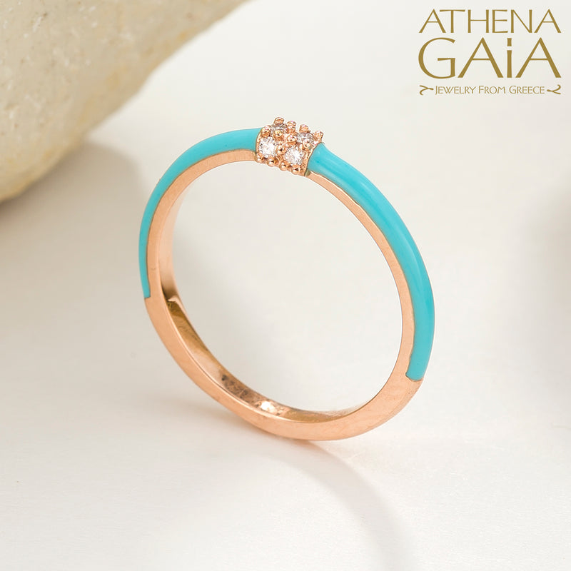 Diamond Cluster Enamel Ring - 18k Gold Ring - Stackable Ring