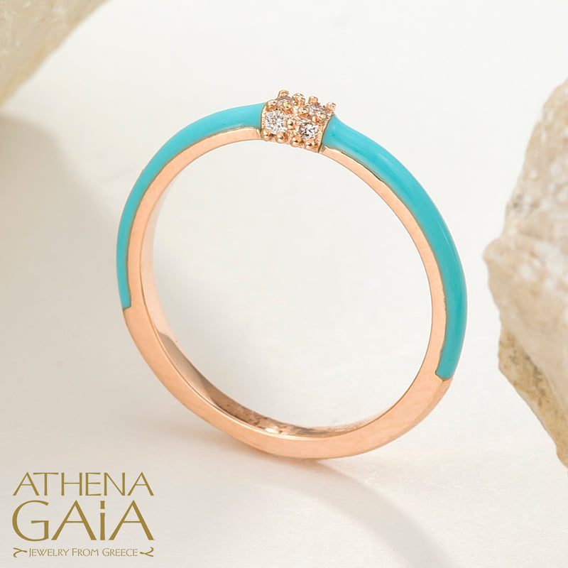 Diamond Cluster Enamel Ring - 18k Gold Ring - Stackable Ring