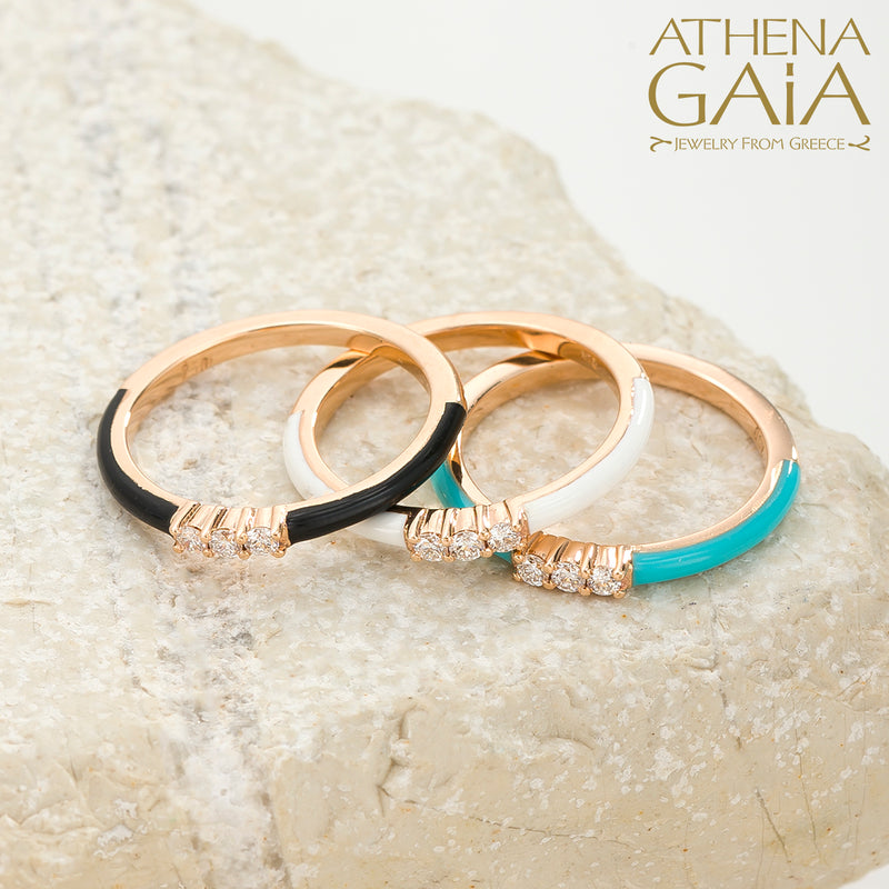 Triple Diamond Enamel Ring - 14k Gold Ring - Stackable Ring
