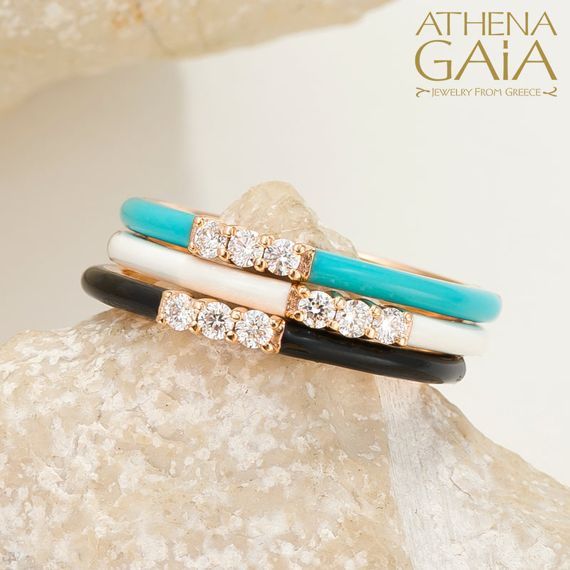 Triple Diamond Enamel Ring - 14k Gold Ring - Stackable Ring