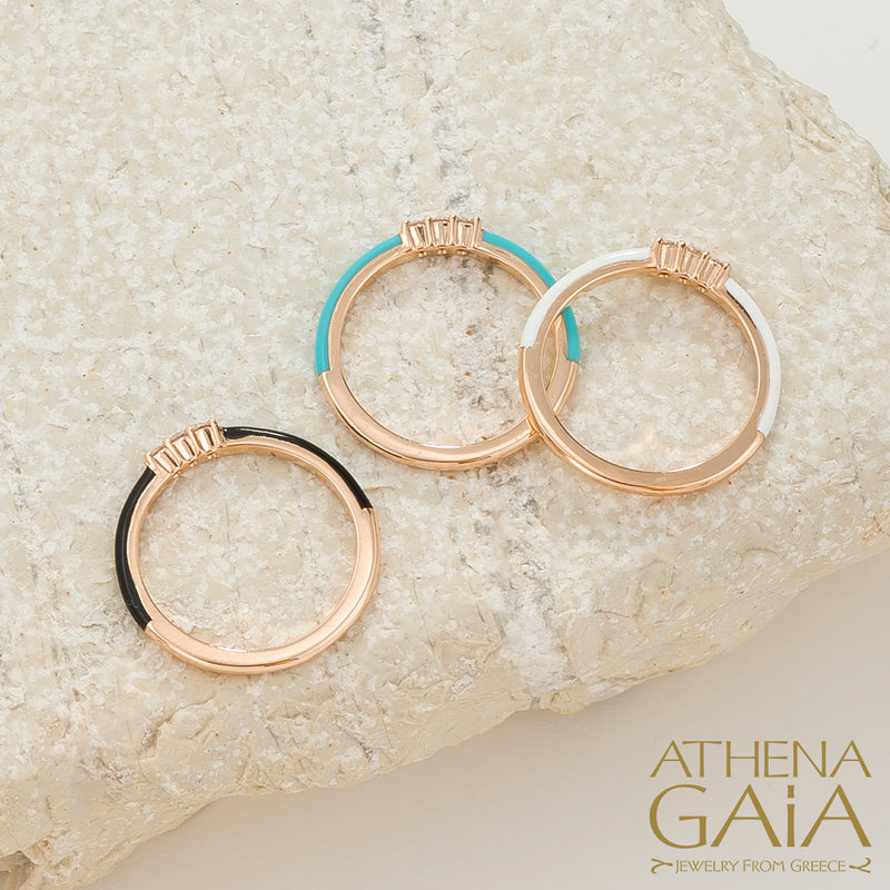 Triple Diamond Enamel Ring - 14k Gold Ring - Stackable Ring