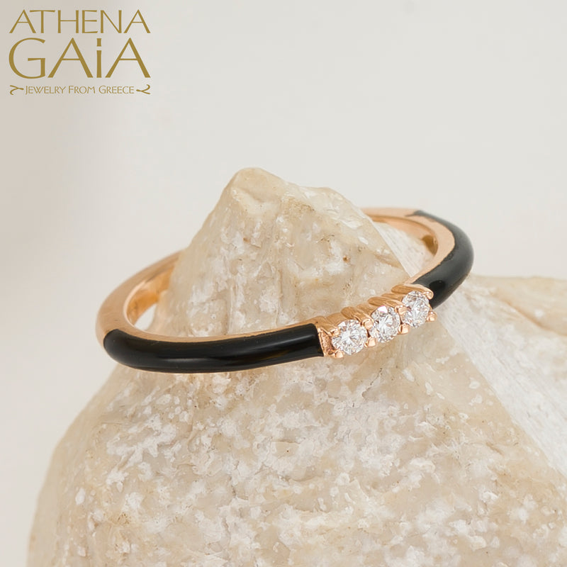 Triple Diamond Enamel Ring - 14k Gold Ring - Stackable Ring