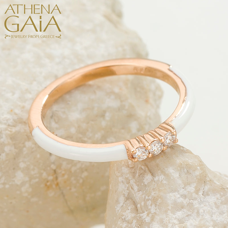 Triple Diamond Enamel Ring - 14k Gold Ring - Stackable Ring