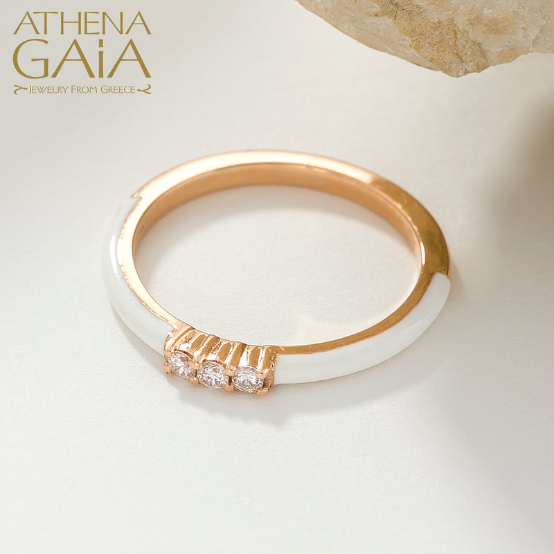 Triple Diamond Enamel Ring - 14k Gold Ring - Stackable Ring