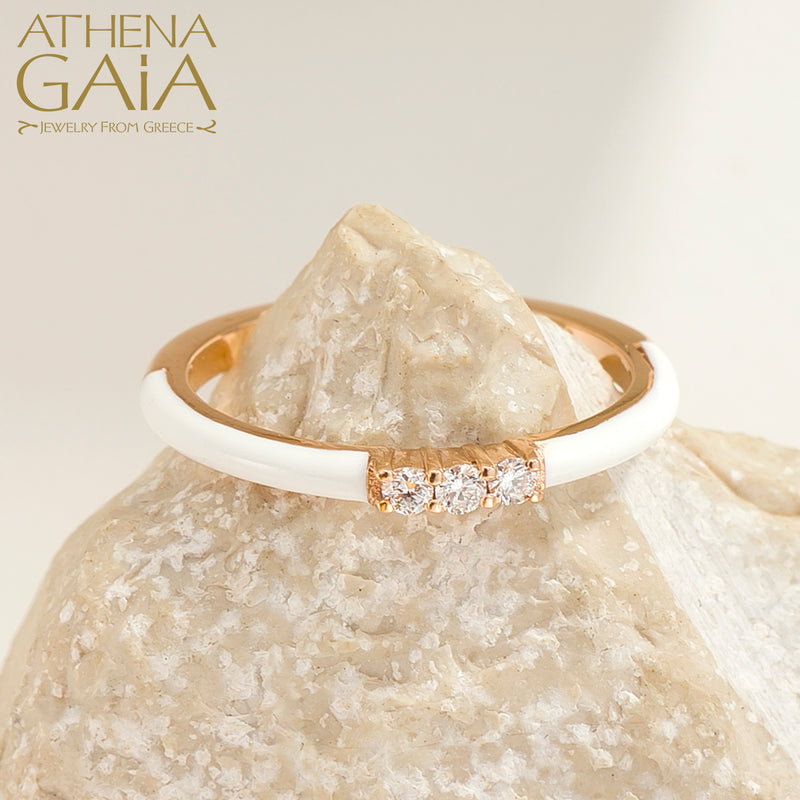 Triple Diamond Enamel Ring - 14k Gold Ring - Stackable Ring