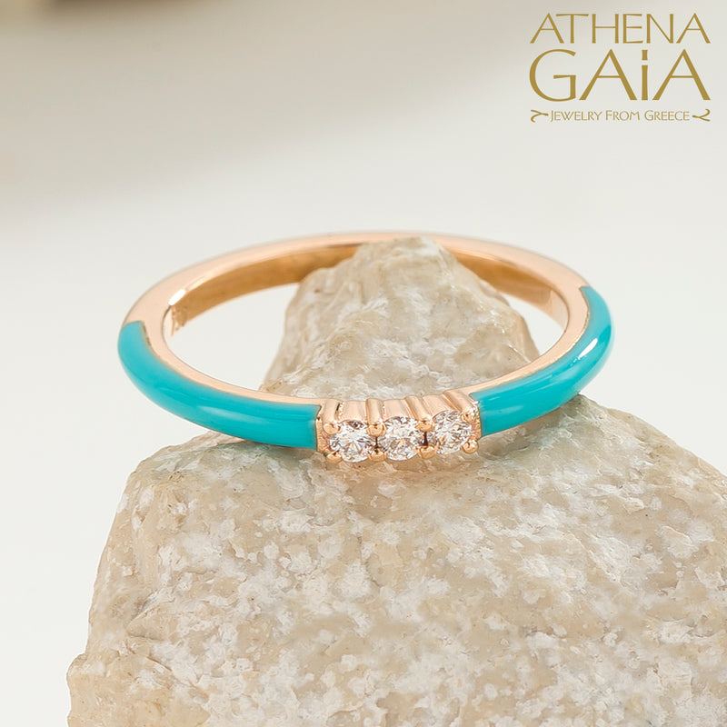 Triple Diamond Enamel Ring - 14k Gold Ring - Stackable Ring