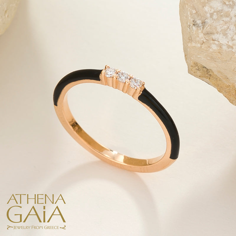 Triple Diamond Enamel Ring - 14k Gold Ring - Stackable Ring