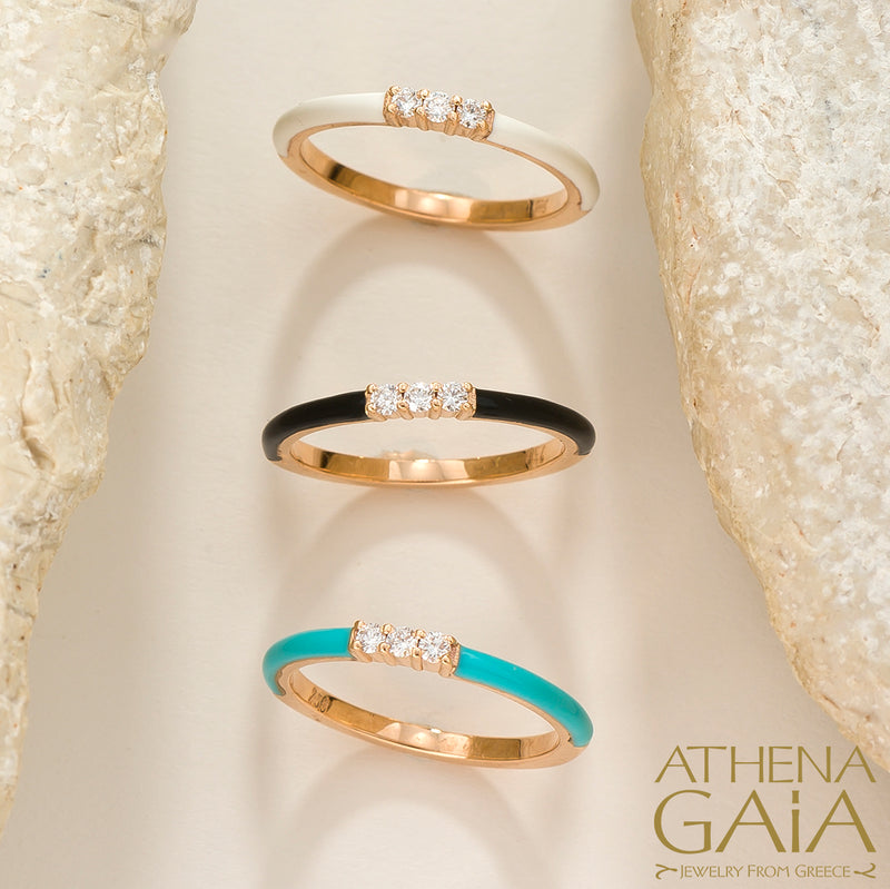 Triple Diamond Enamel Ring - 14k Gold Ring - Stackable Ring