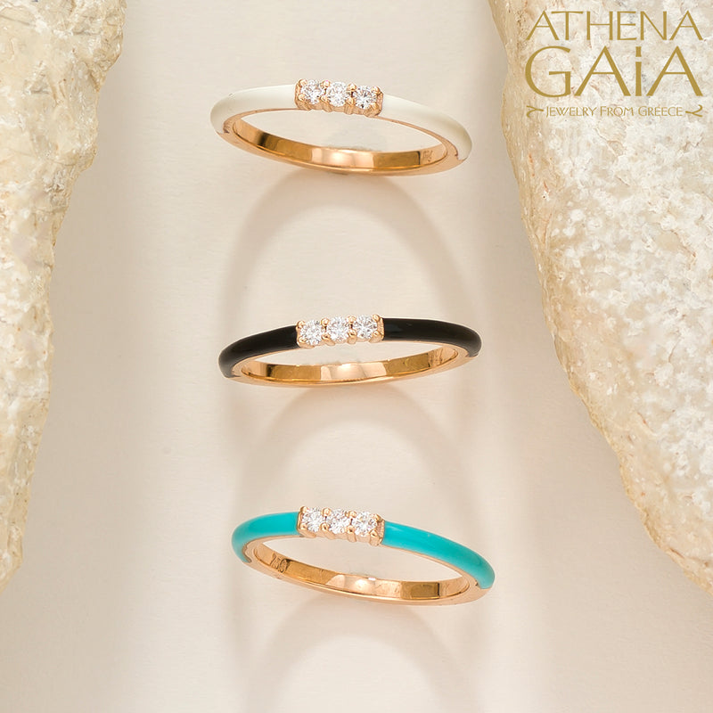 Triple Diamond Enamel Ring - 14k Gold Ring - Stackable Ring