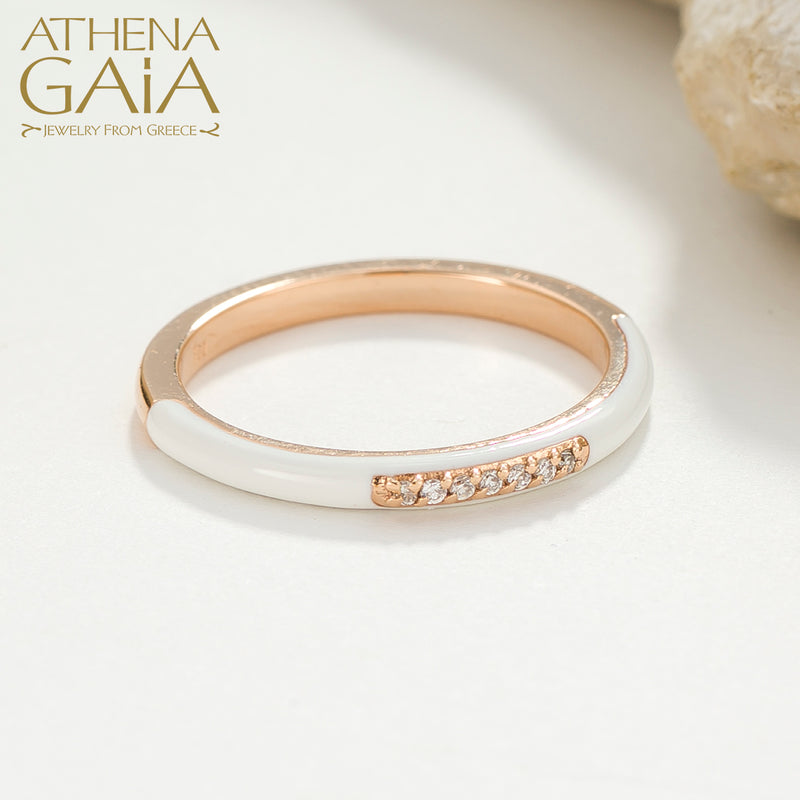 Diamond Line Enamel Ring - 14k Gold Ring - Stackable Ring