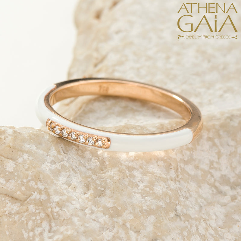 Diamond Line Enamel Ring - 14k Gold Ring - Stackable Ring