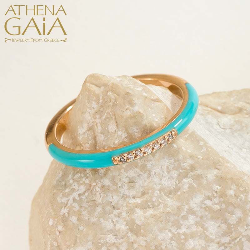 Diamond Line Enamel Ring - 14k Gold Ring - Stackable Ring