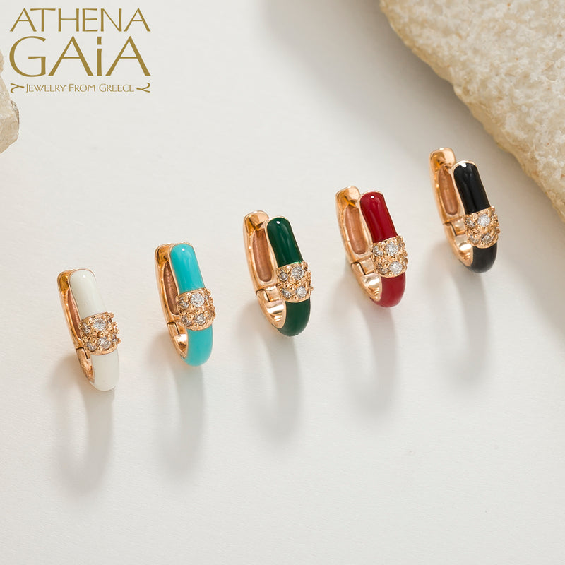 Diamond Cluster Enamel Earrings - 14k Gold - Huggies Earrings