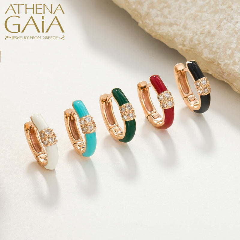 Diamond Cluster Enamel Earrings - 14k Gold - Huggies Earrings