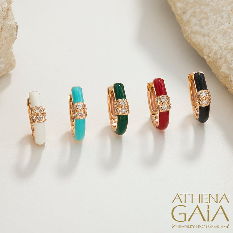 Diamond Cluster Enamel Earrings - 14k Gold - Huggies Earrings