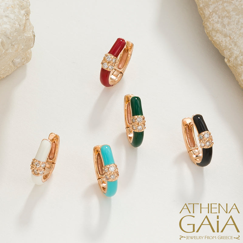 Diamond Cluster Enamel Earrings - 14k Gold - Huggies Earrings