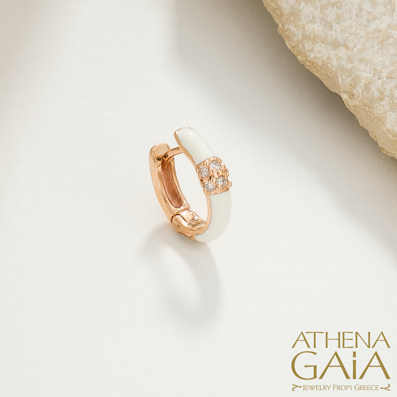 Diamond Cluster Enamel Earrings - 14k Gold - Huggies Earrings