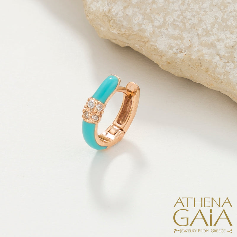 Diamond Cluster Enamel Earrings - 14k Gold - Huggies Earrings