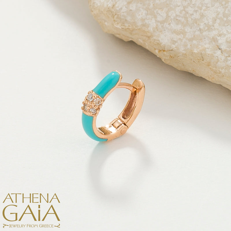 Diamond Cluster Enamel Earrings - 14k Gold - Huggies Earrings