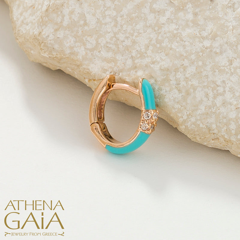 Diamond Cluster Enamel Earrings - 14k Gold - Huggies Earrings