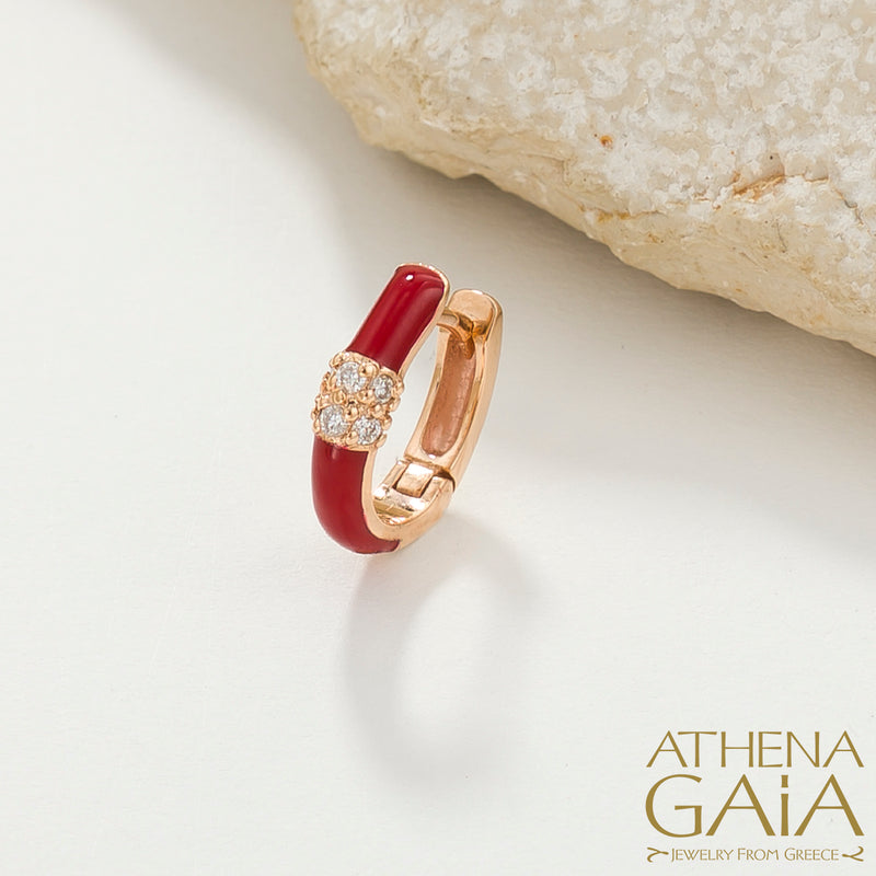 Diamond Cluster Enamel Earrings - 14k Gold - Huggies Earrings