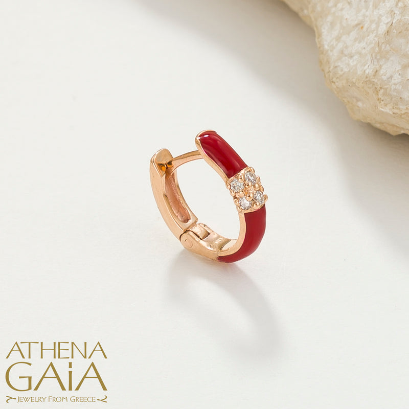 Diamond Cluster Enamel Earrings - 14k Gold - Huggies Earrings