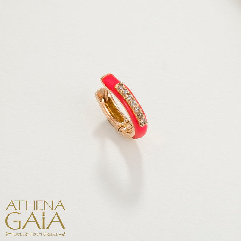 Diamond Line Enamel Earrings - 18k Gold - Huggies Earrings