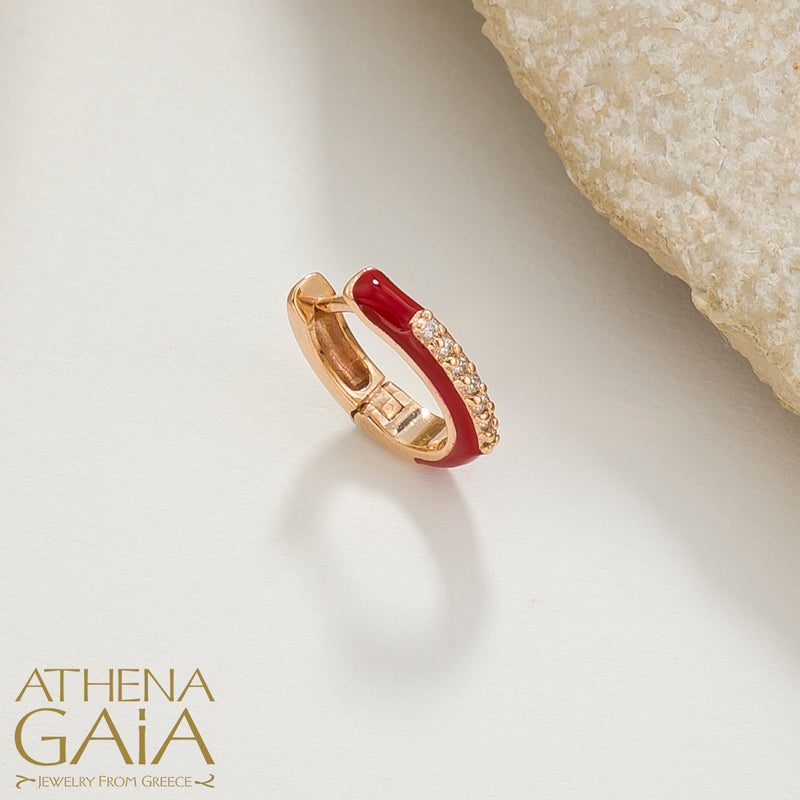 Diamond Line Enamel Earrings - 18k Gold - Huggies Earrings