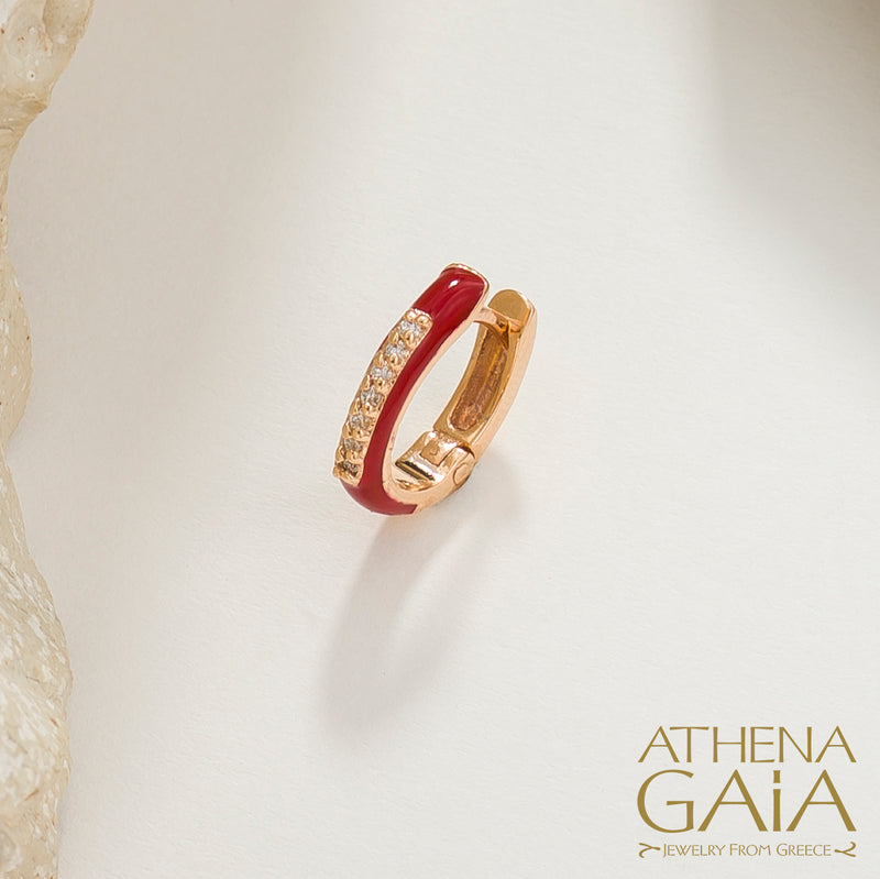 Diamond Line Enamel Earrings - 18k Gold - Huggies Earrings