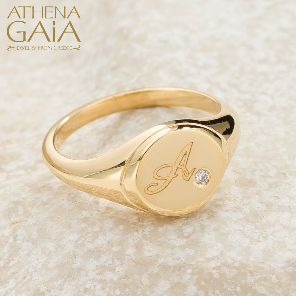 Etched Initial Ring - 14k Gold Ring - Signet Ring