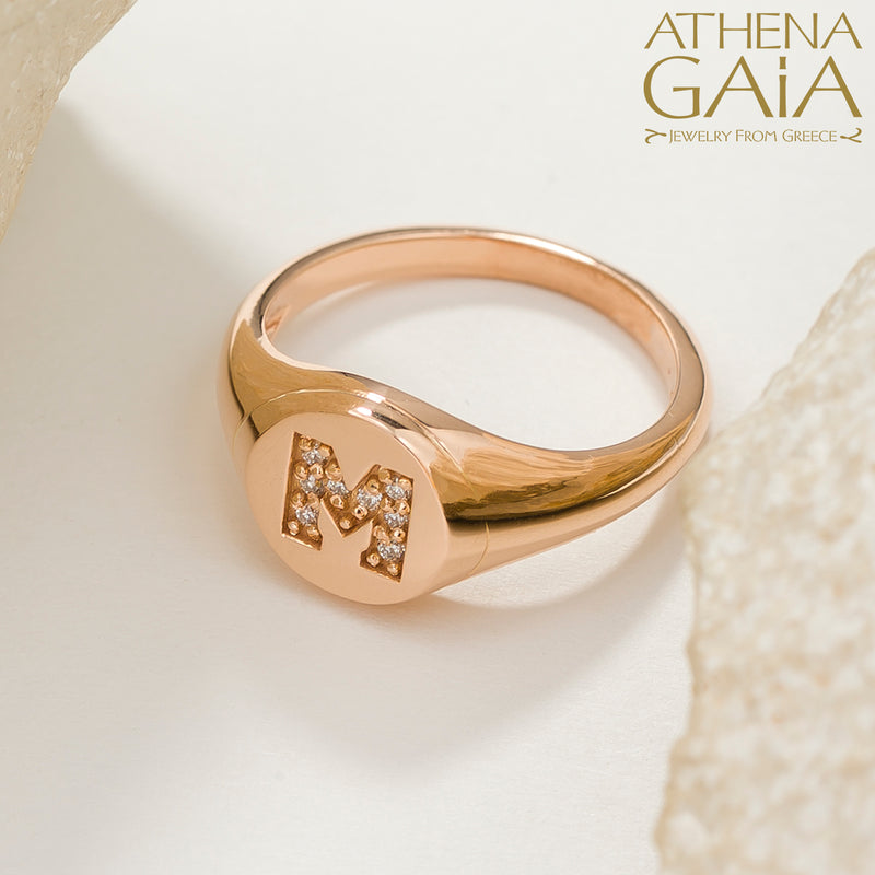 Diamond Initial Ring (Small) - 14k Gold Ring - Signet Ring