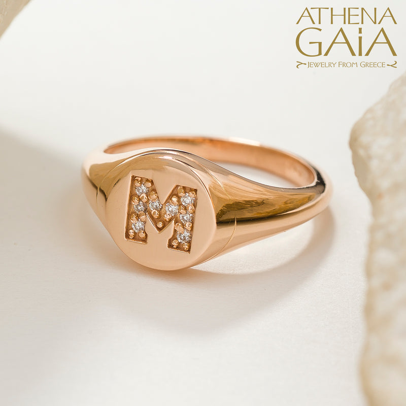 Diamond Initial Ring (Small) - 14k Gold Ring - Signet Ring