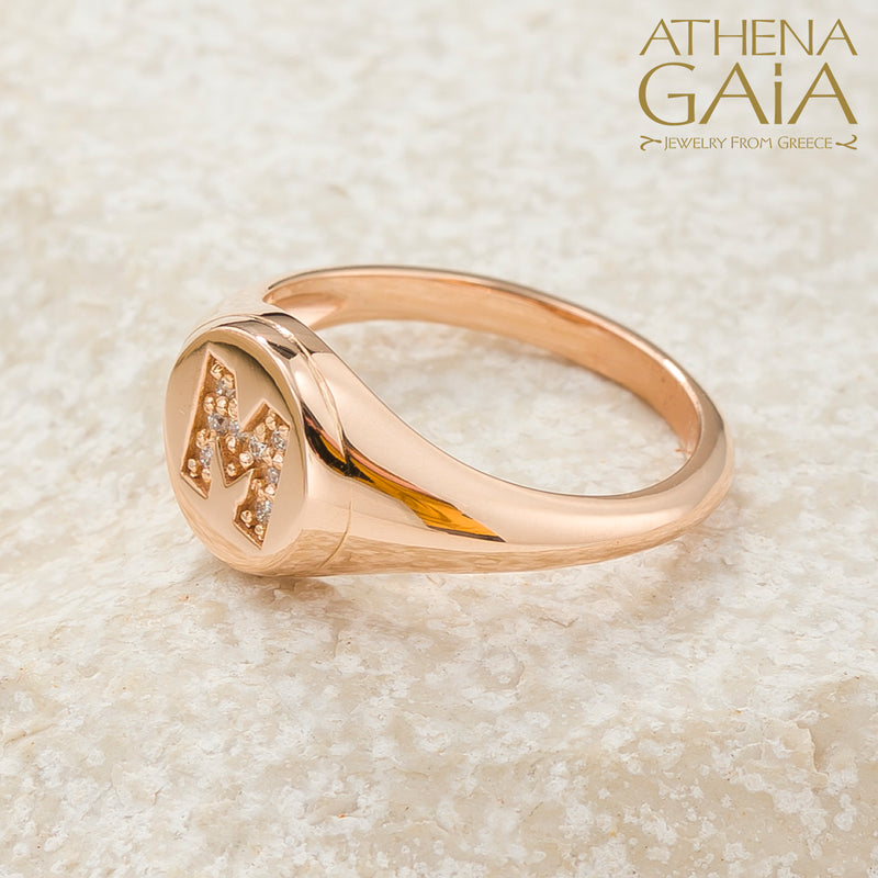 Diamond Initial Ring (Small) - 14k Gold Ring - Signet Ring