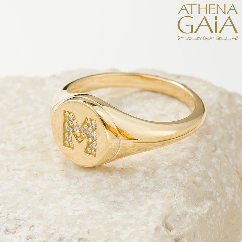 Diamond Initial Ring (Small) - 14k Gold Ring - Signet Ring