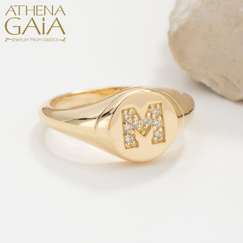 Diamond Initial Ring (Small) - 14k Gold Ring - Signet Ring